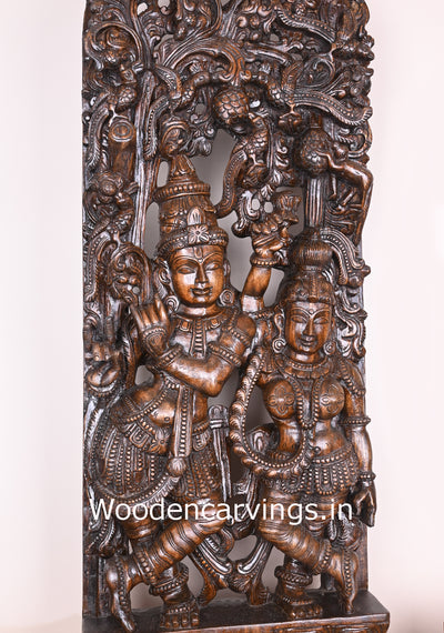 Polished Wooden Radha Love Krishna Playing With Bansuri Flute Wooden Jali Work 48"