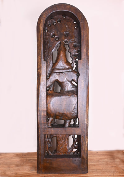 Standing With Cow Lord Krishna Palying With Flute Wooden Polished Handmade Jali Work 48"