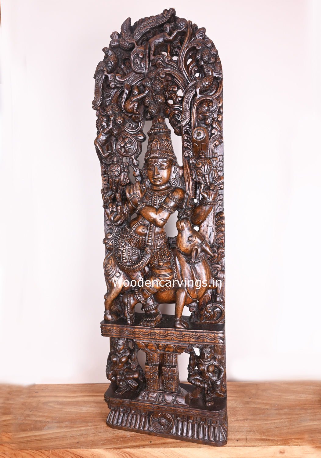 Standing With Cow Lord Krishna Palying With Flute Wooden Polished Handmade Jali Work 48"