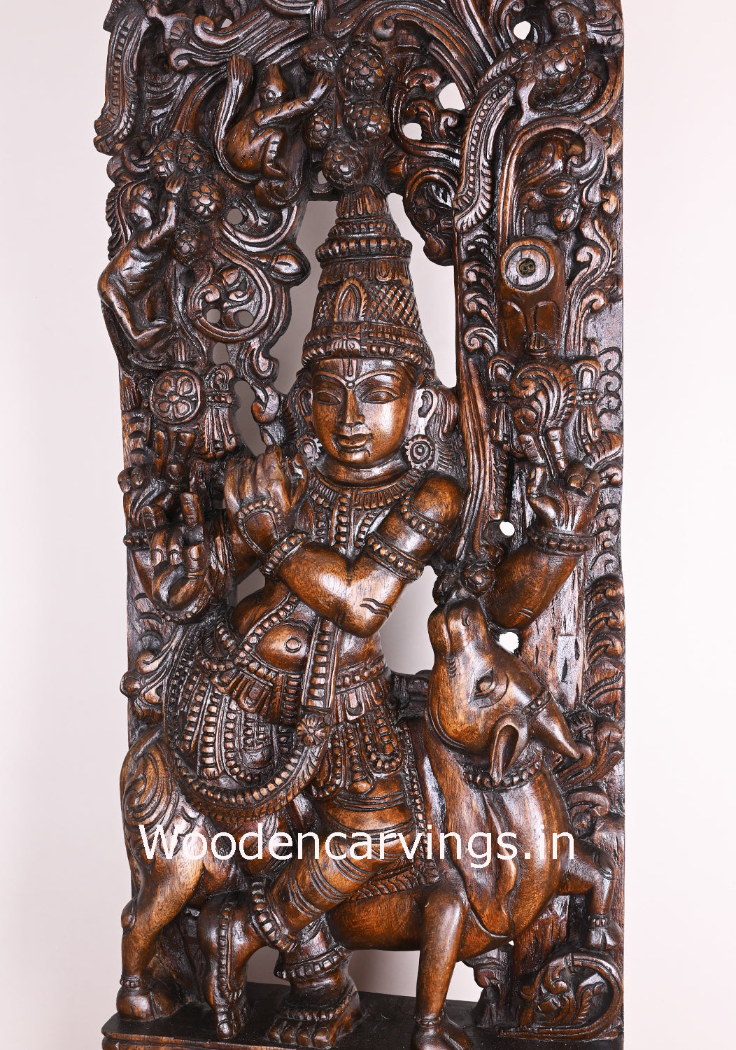 Standing With Cow Lord Krishna Palying With Flute Wooden Polished Handmade Jali Work 48"