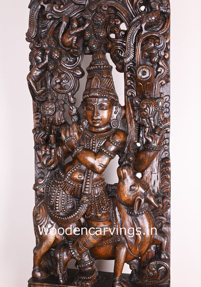 Standing With Cow Lord Krishna Palying With Flute Wooden Polished Handmade Jali Work 48"