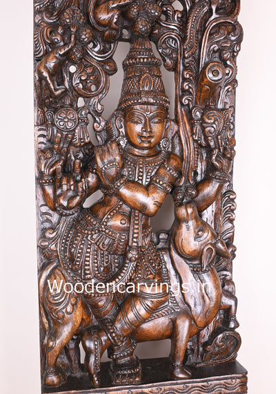 Standing With Cow Lord Krishna Palying With Flute Wooden Polished Handmade Jali Work 48"