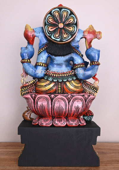 Sky Blue Coloured Maha Ganapathi Seated on Pink Lotus Handmade Wooden Multicoloured Sculpture 24"