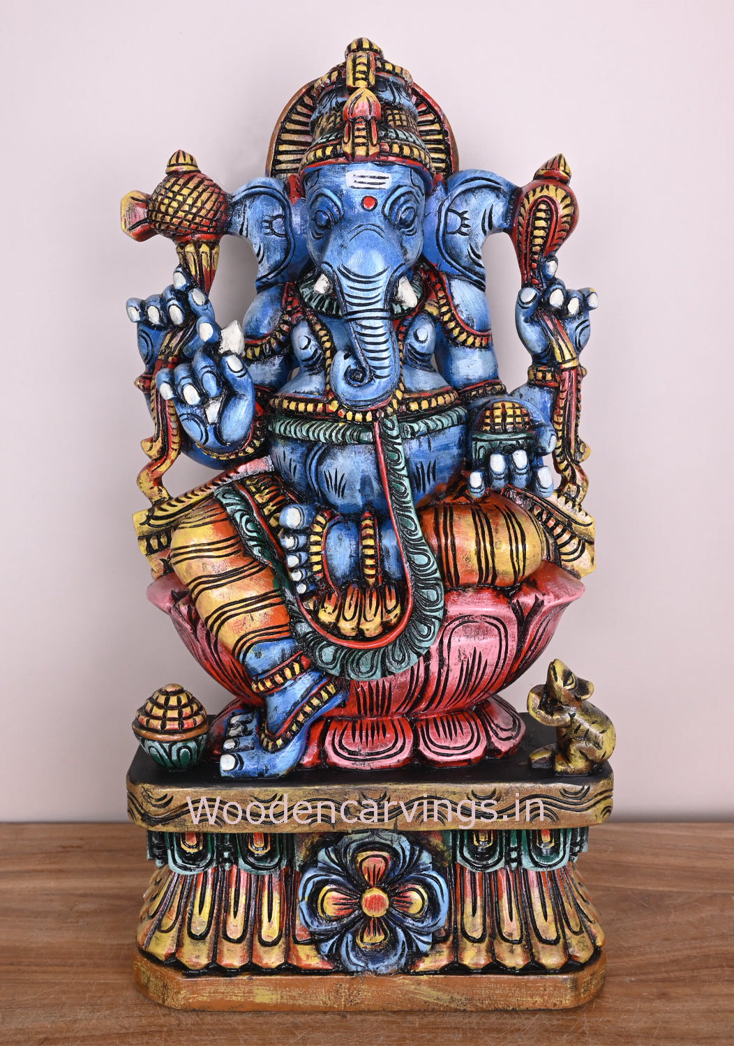 Sky Blue Coloured Maha Ganapathi Seated on Pink Lotus Handmade Wooden Multicoloured Sculpture 24"