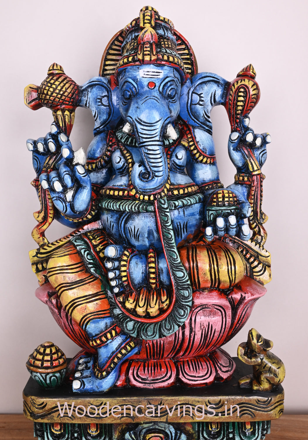 Sky Blue Coloured Maha Ganapathi Seated on Pink Lotus Handmade Wooden Multicoloured Sculpture 24"