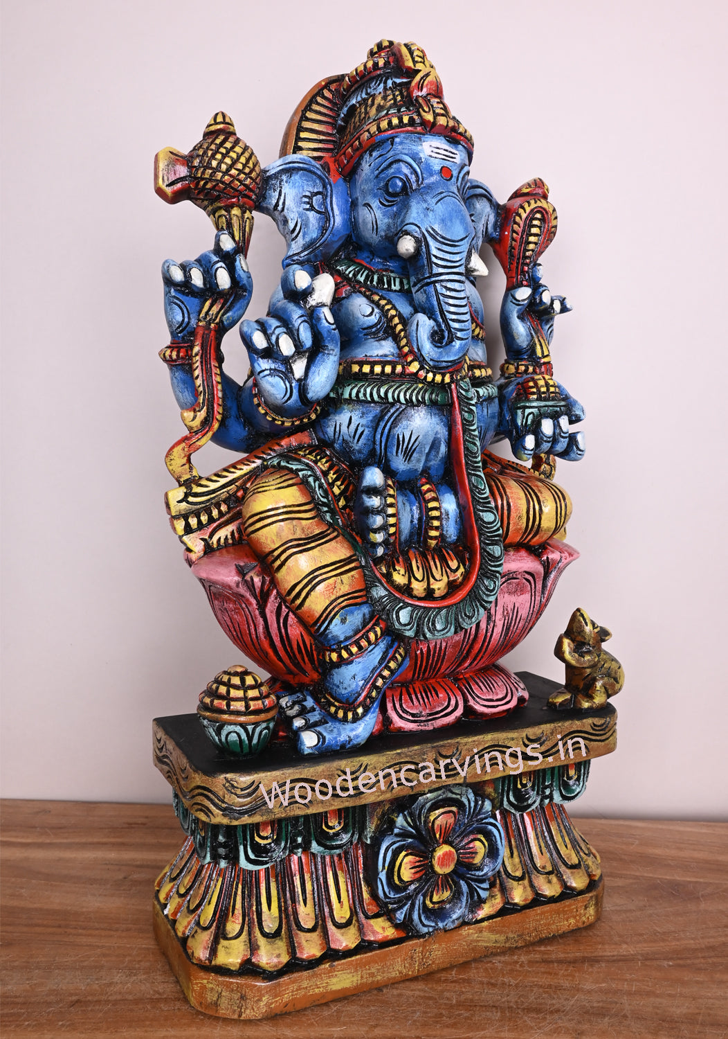 Sky Blue Coloured Maha Ganapathi Seated on Pink Lotus Handmade Wooden Multicoloured Sculpture 24"