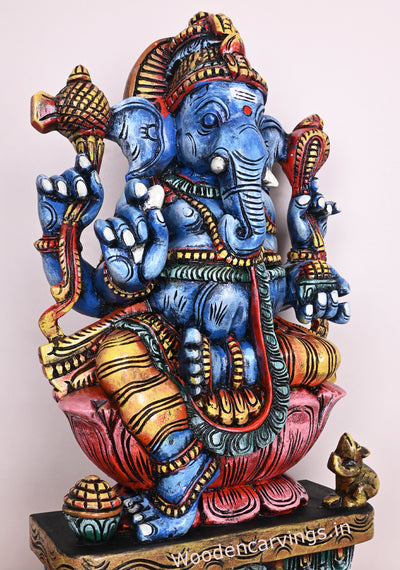 Sky Blue Coloured Maha Ganapathi Seated on Pink Lotus Handmade Wooden Multicoloured Sculpture 24"