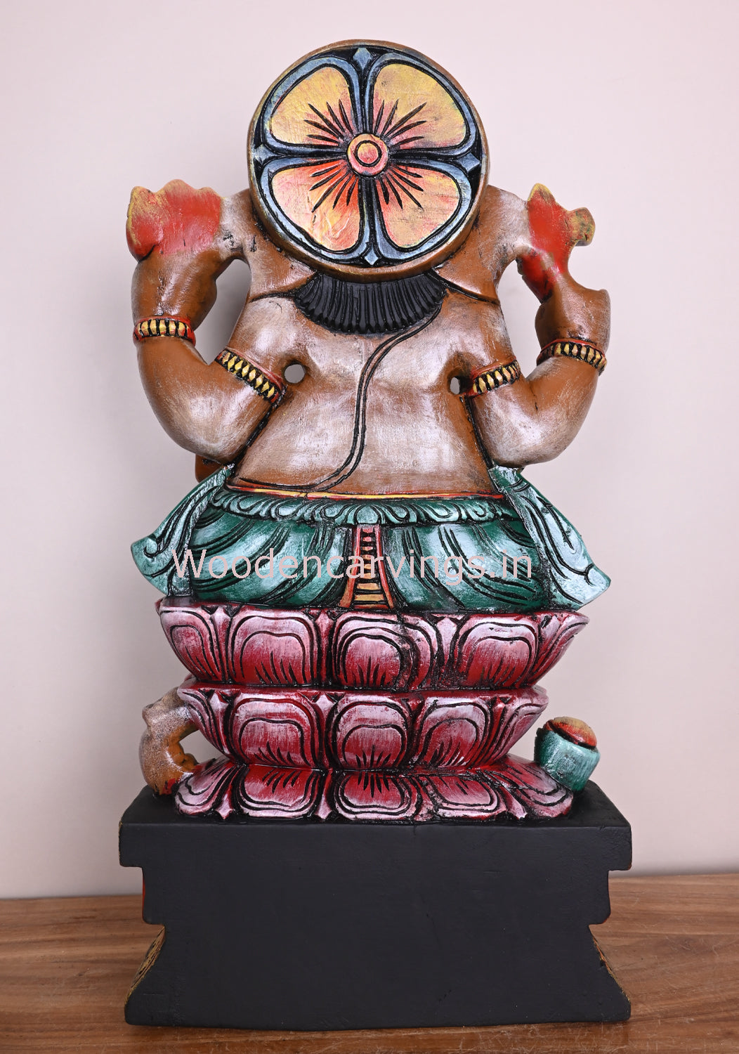 multicolors Mangala Raja Ganapathi Wooden Idol on Double Petal Lotus – 24"