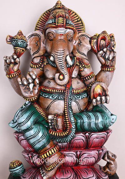 Double Petal Mangala Raja Ganapathi Seated on Double Petal Pink Lotus Holding Mothak Wooden Sculpture 24"