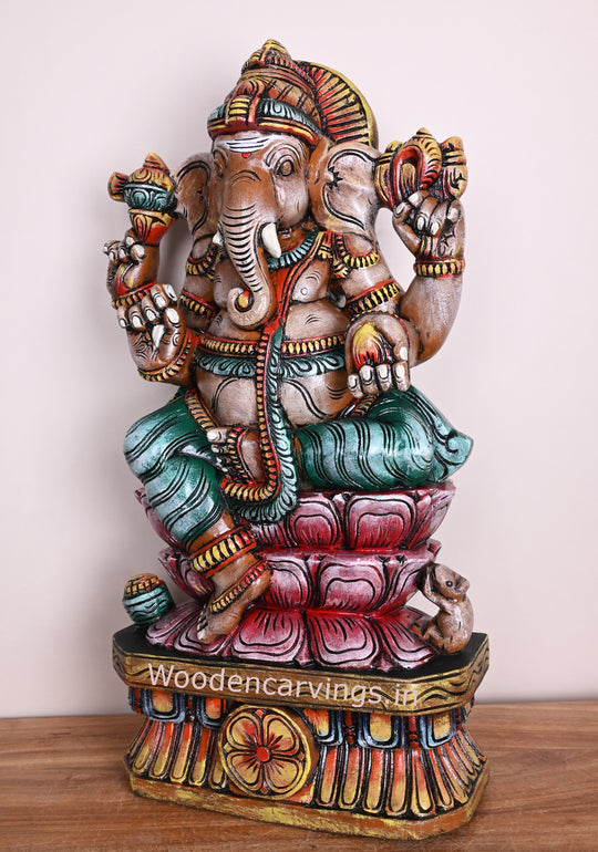 multicolors Mangala Raja Ganapathi Wooden Idol on Double Petal Lotus – 24"