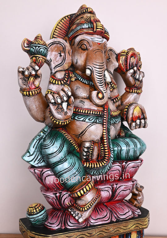 multicolors Mangala Raja Ganapathi Wooden Idol on Double Petal Lotus – 24"
