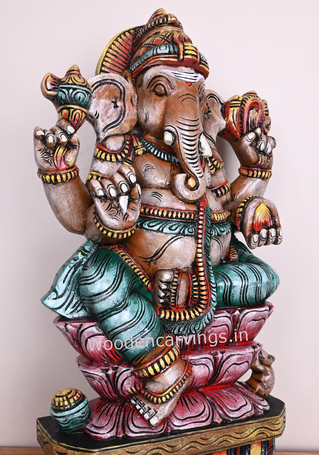 Double Petal Mangala Raja Ganapathi Seated on Double Petal Pink Lotus Holding Mothak Wooden Sculpture 24"