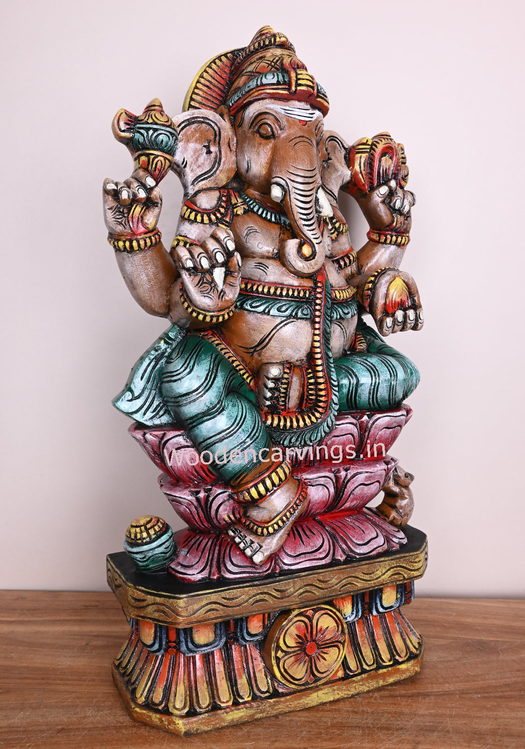 multicolors Mangala Raja Ganapathi Wooden Idol on Double Petal Lotus – 24"