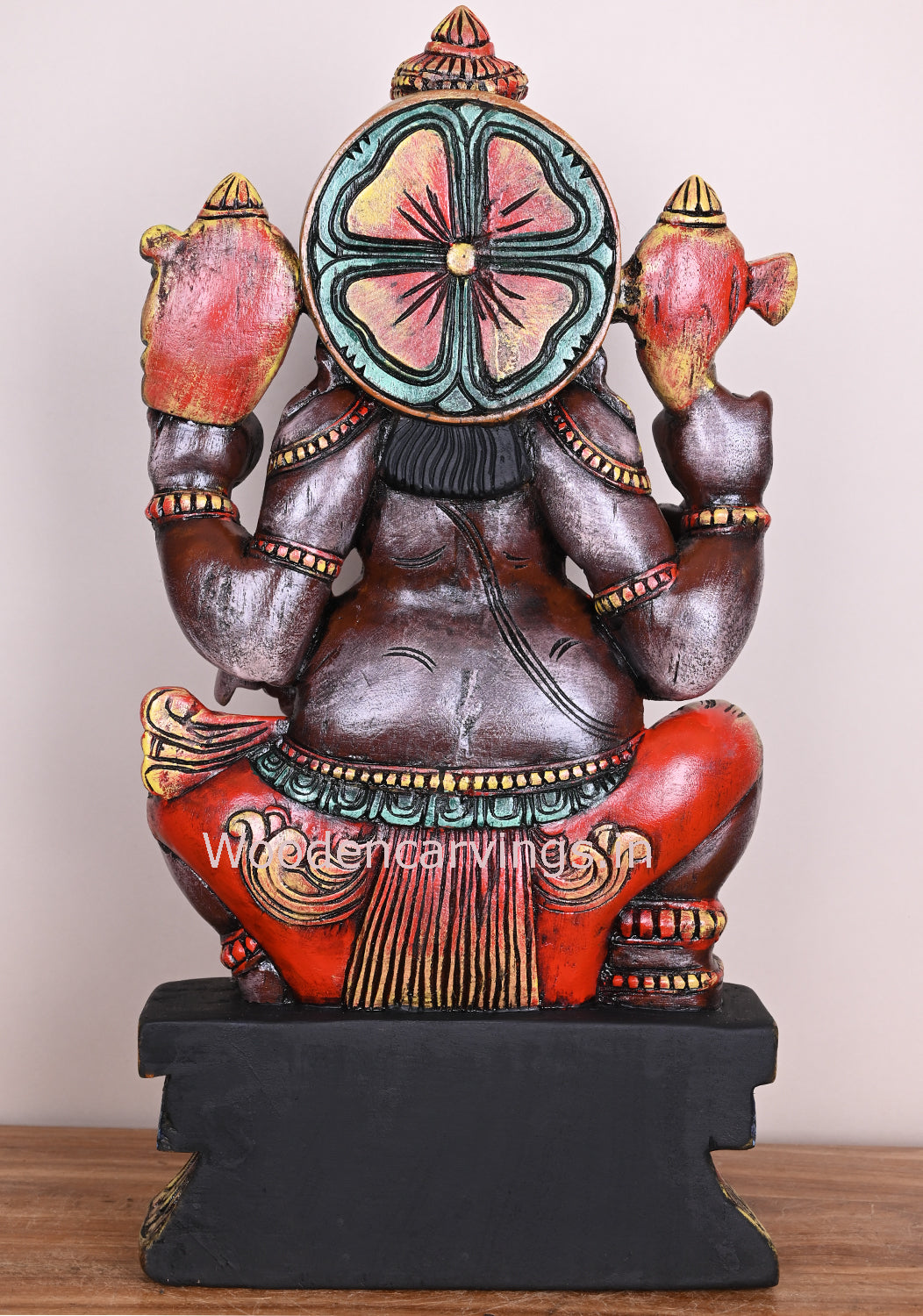 Grey Maha Ganapathi Sitting Differently on Base Wooden Handmade Pooja Room Sculpture 24"