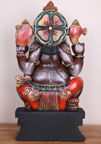 Grey Maha Ganapathi Sitting Differently on Base Wooden Handmade Pooja Room Sculpture 24"