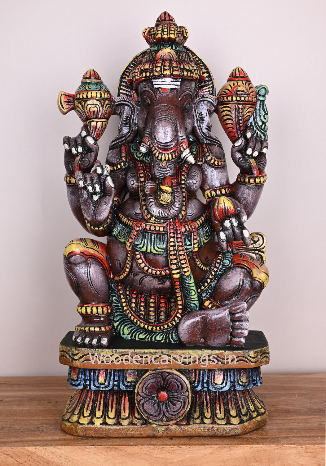 Grey Maha Ganapathi Sitting Differently on Base Wooden Handmade Pooja Room Sculpture 24"