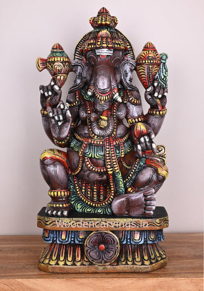 Grey Maha Ganapathi Sitting Differently on Base Wooden Handmade Pooja Room Sculpture 24"