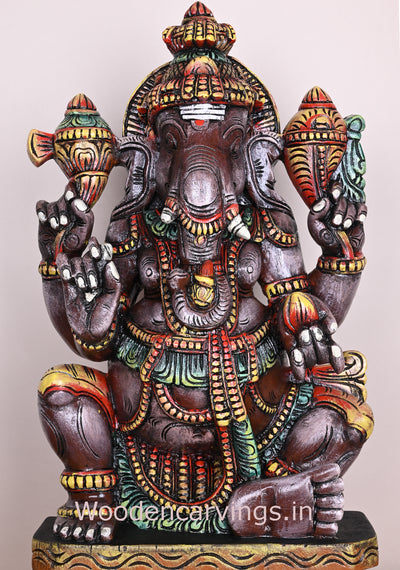 Grey Maha Ganapathi Sitting Differently on Base Wooden Handmade Pooja Room Sculpture 24"