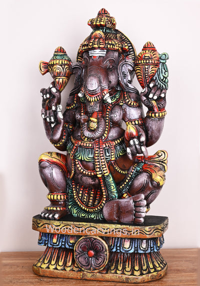 Grey Maha Ganapathi Sitting Differently on Base Wooden Handmade Pooja Room Sculpture 24"