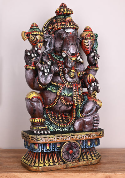 Grey Maha Ganapathi Sitting Differently on Base Wooden Handmade Pooja Room Sculpture 24"