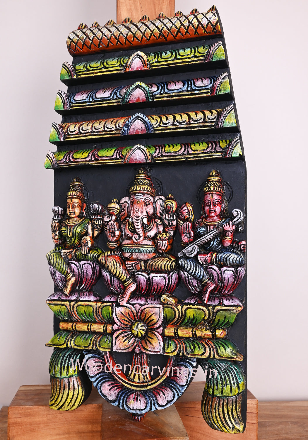 Colourful Wooden Gopuram Kavadi – Lord Ganesh, Lakshmi & Saraswathi 24"