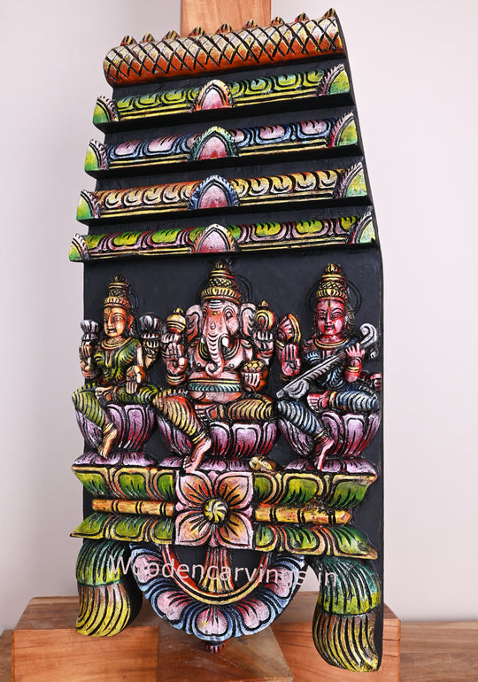 Colourful Wooden Gopuram Kavadi – Lord Ganesh, Lakshmi & Saraswathi 24"