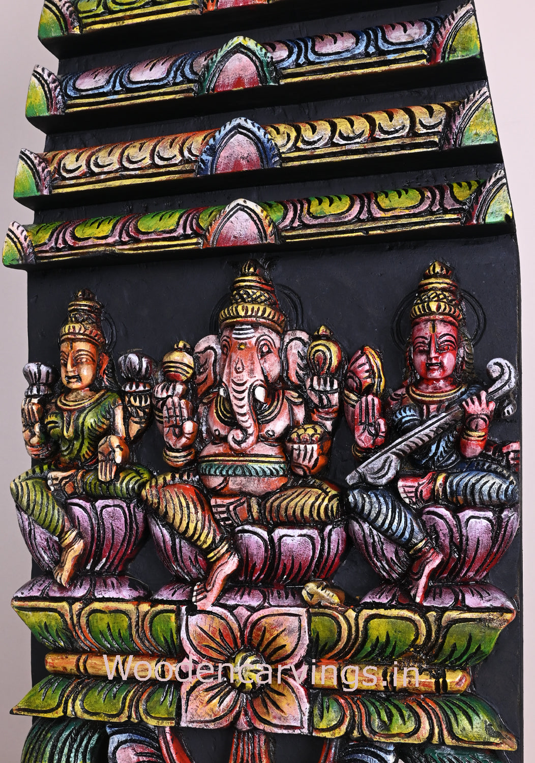 Colourful Wooden Gopuram Kavadi – Lord Ganesh, Lakshmi & Saraswathi 24"