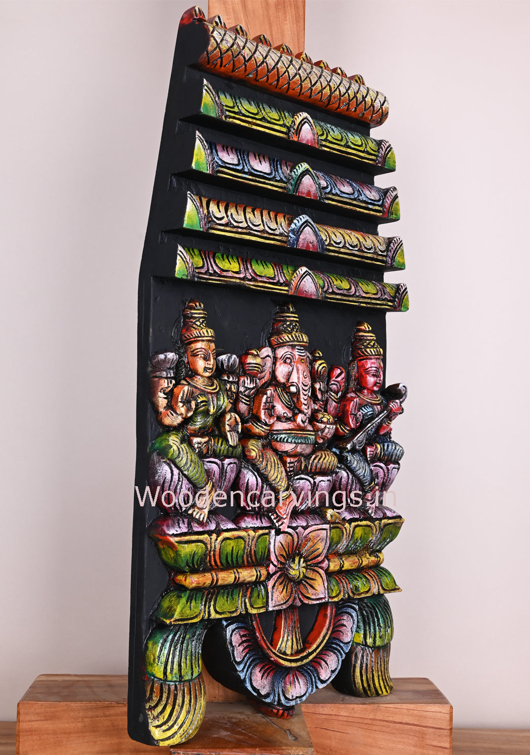 Colourful Wooden Gopuram Kavadi – Lord Ganesh, Lakshmi & Saraswathi 24"