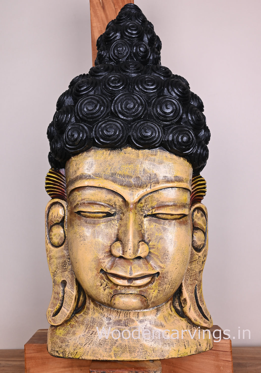 Wooden Coloured Lord Buddha Hooks Fixed Wooden Mask For Your Home Entrances Wall Mount 25"
