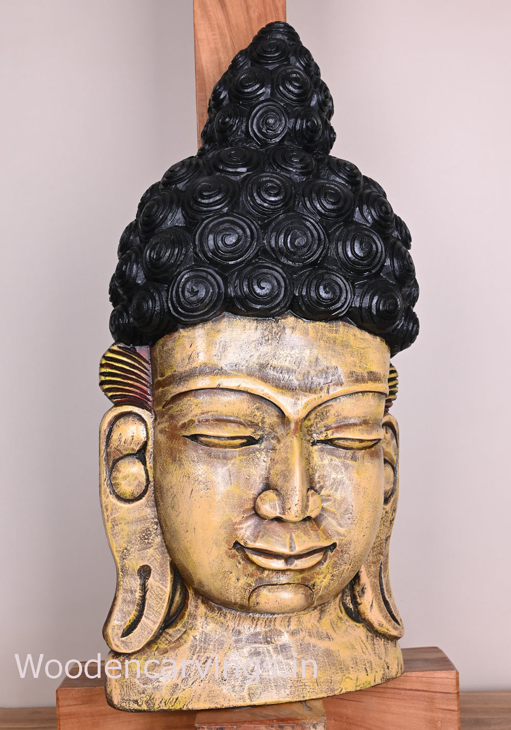 Wooden Coloured Lord Buddha Hooks Fixed Wooden Mask For Your Home Entrances Wall Mount 25"