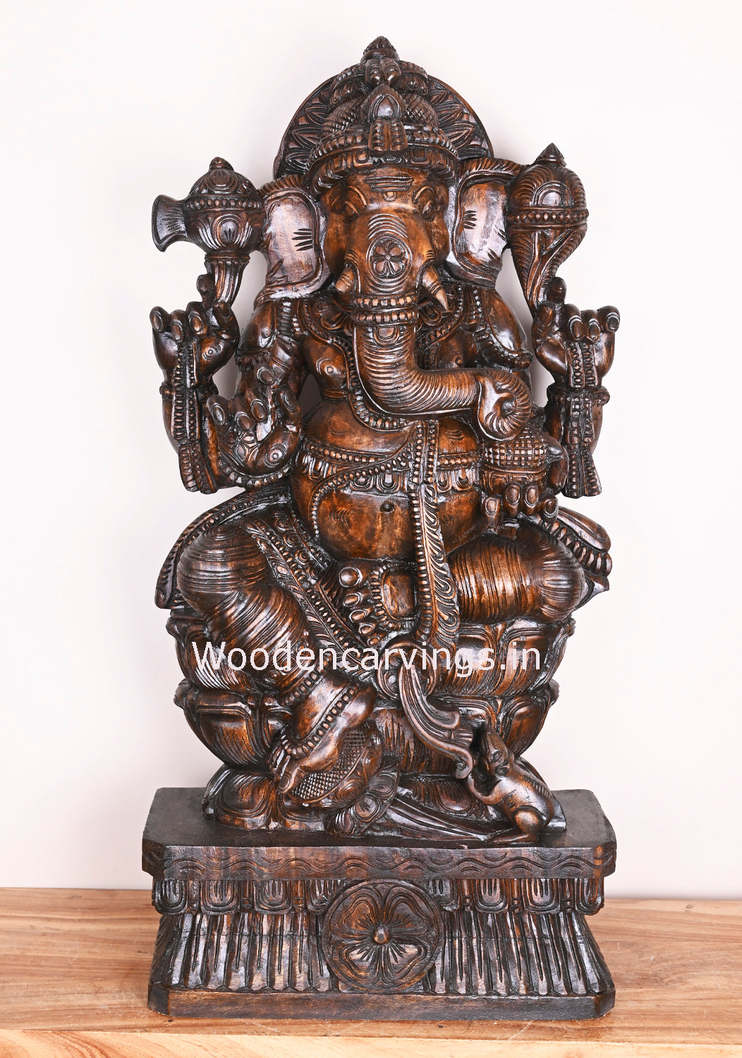 Ganesha Happily Eating Sweet Prasad Ladoo Wooden Polished Finishing Handmade Sculpture 37"