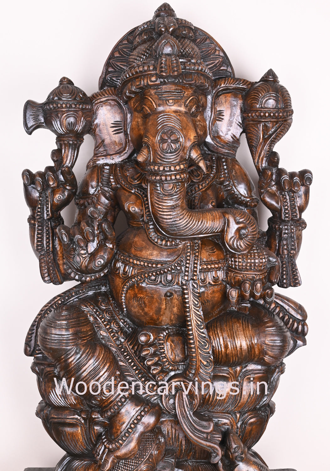 Ganesha Happily Eating Sweet Prasad Ladoo Wooden Polished Finishing Handmade Sculpture 37"