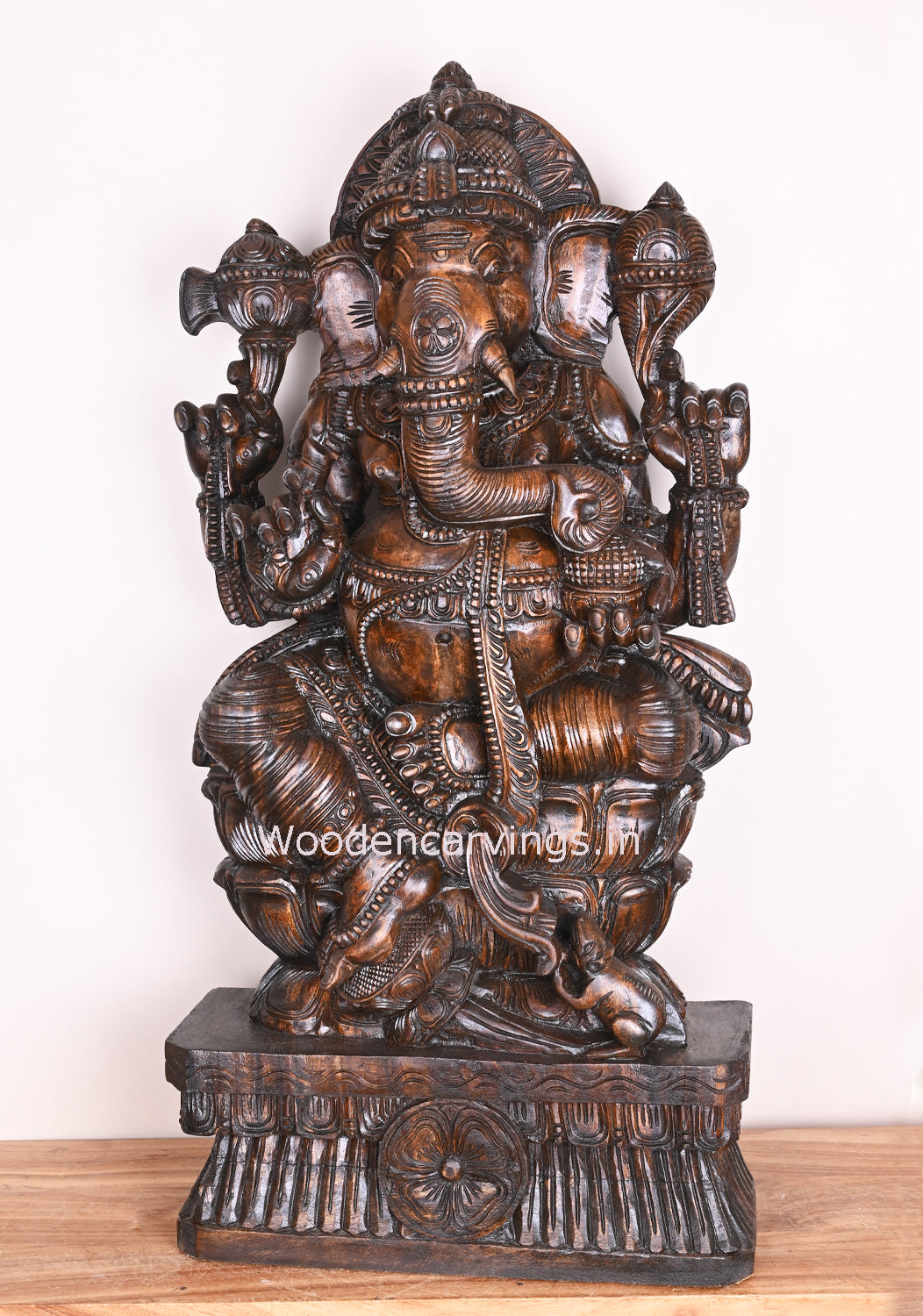 Ganesha Happily Eating Sweet Prasad Ladoo Wooden Polished Finishing Handmade Sculpture 37"
