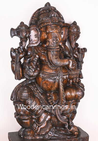 Ganesha Happily Eating Sweet Prasad Ladoo Wooden Polished Finishing Handmade Sculpture 37"