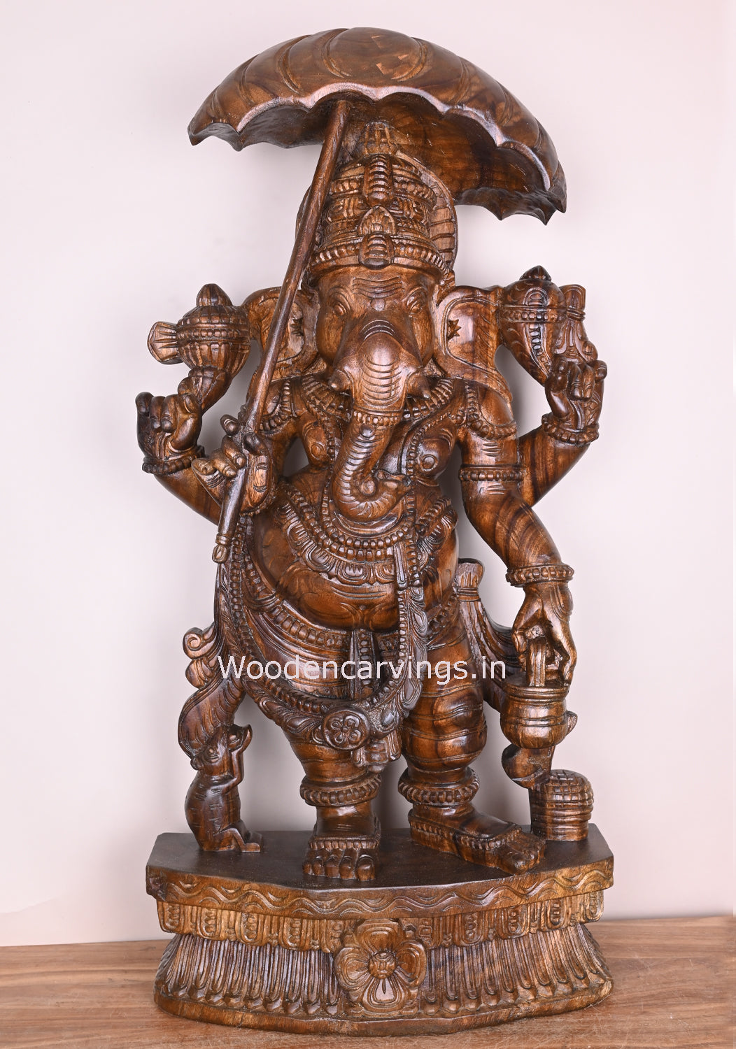 Umbrella Maha Ganapathi Standing on Base and Holding Kamandalam in His Hand Polished Sculpture 38"