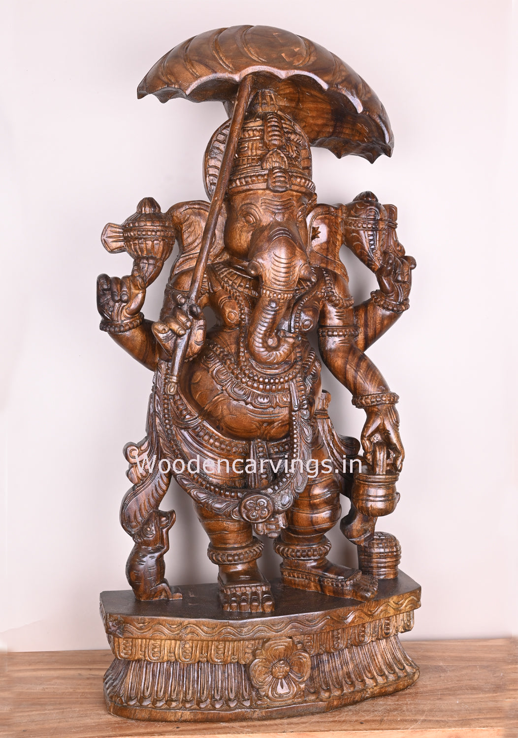 Umbrella Maha Ganapathi Standing on Base and Holding Kamandalam in His Hand Polished Sculpture 38"