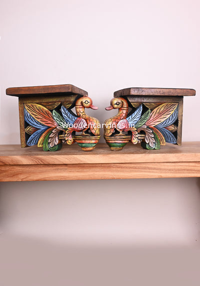 Having Colourful Plumages Standing pair of Hamsa (Annapakshi) Multicoloured Wooden Hooks Fixed Brackets 13"