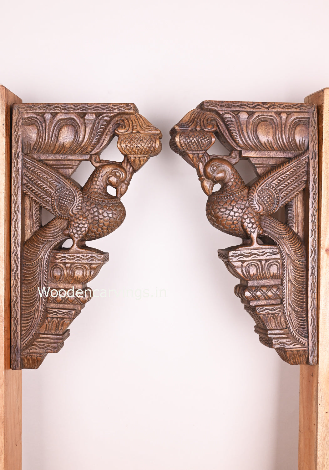 Standing Beautiful Paired Parrots on Base With Bodhil Type Art Work Handmade Wooden Wall Brackets 18"