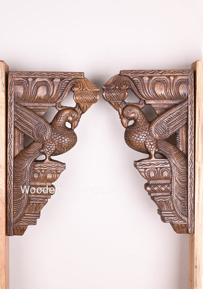 Standing Beautiful Paired Parrots on Base With Bodhil Type Art Work Handmade Wooden Wall Brackets 18"