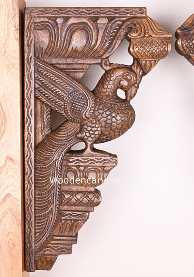 Standing Beautiful Paired Parrots on Base With Bodhil Type Art Work Handmade Wooden Wall Brackets 18"