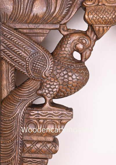 Standing Beautiful Paired Parrots on Base With Bodhil Type Art Work Handmade Wooden Wall Brackets 18"
