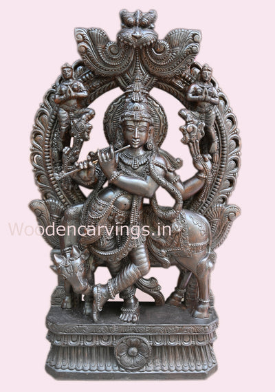 Standing Shri Krishna Playing With Flute Arch Wooden Polished Fine Finishing Showpiece Sculpture 49"