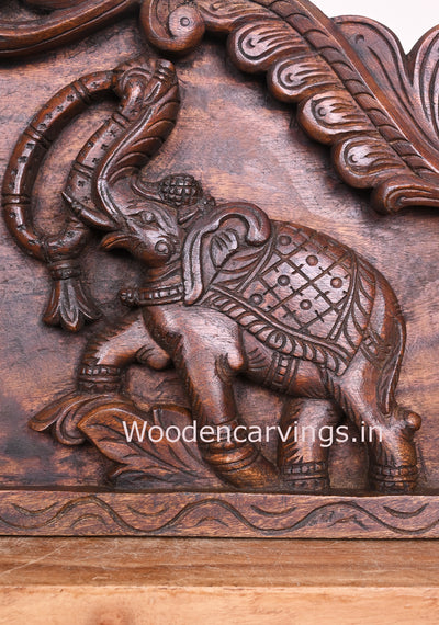 Horizontal Gaja Ganesha Seated on Lotus With Paired Elephants Holding Flower Garland Hamsa Design Panel 42"