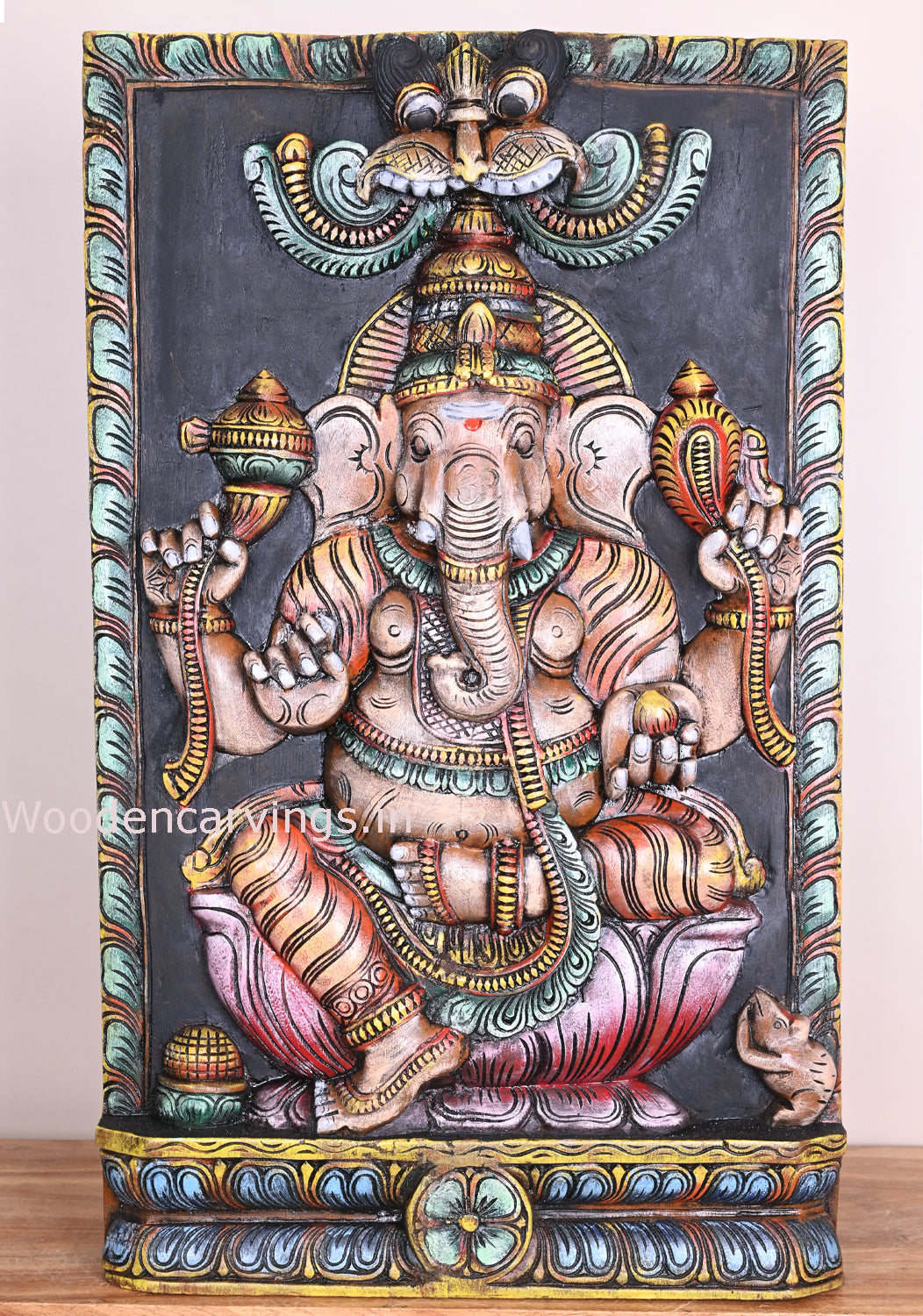 Square Ganesha For Pooja Room and Entrance Decoration Hooks Fixed Multicolour Wall Mount 30"