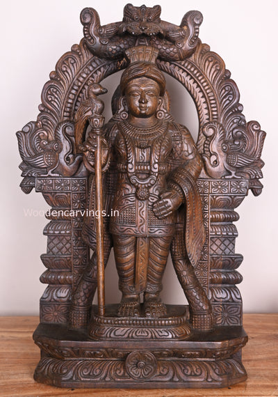 Standing Subrahmanya Muruga Holding Velayutha Arch Handmade Auspicious Wooden Sculpture 25"