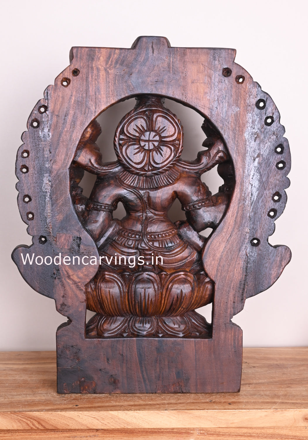 Mangala Maha Lakshmi Goddess Seated on Flower Lotus Arch Handmade Wooden Sculpture 24"