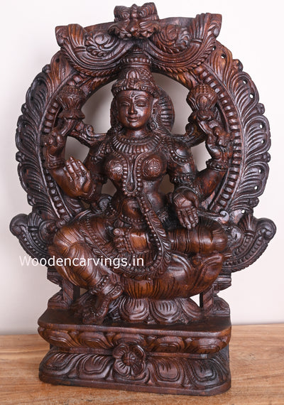 Mangala Maha Lakshmi Goddess Seated on Flower Lotus Arch Handmade Wooden Sculpture 24"