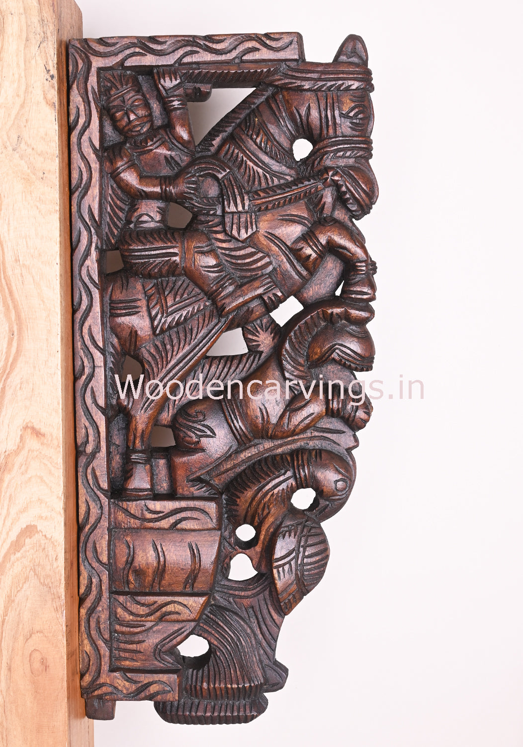 Wooden Man Riding on Horse With Lion and Parrot Home Decor Hooks Fixed Wall Bracket 19"