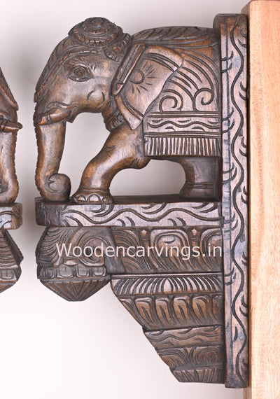 Paired Light Weight Beautiful Elephants Standing on Base Wooden Handmade Wall Brackets 16"