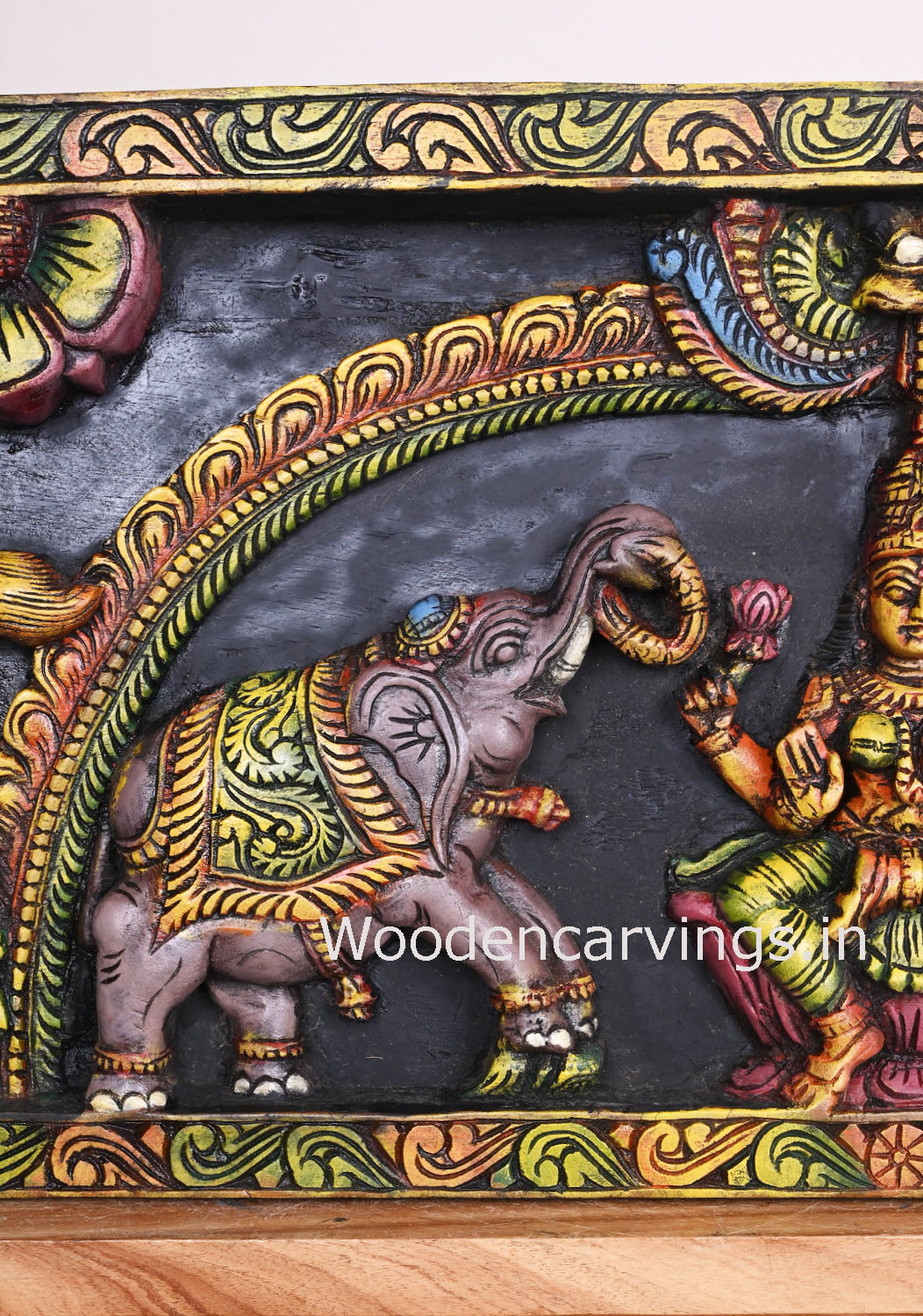 Floral Design Square Shape Decorative Goddess Gaja Lakshmi Arch Wooden Wall Panel 46"